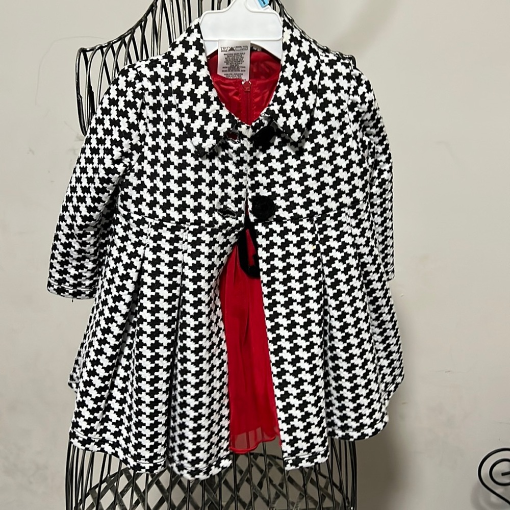 Red dress with houndstooth jacket